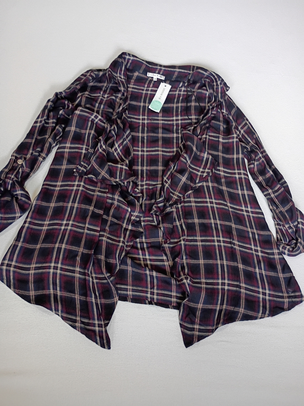 Willow & Clay Aria Open Front Plaid Kimono Cardigan Burgundy Navy M Fall Autumn